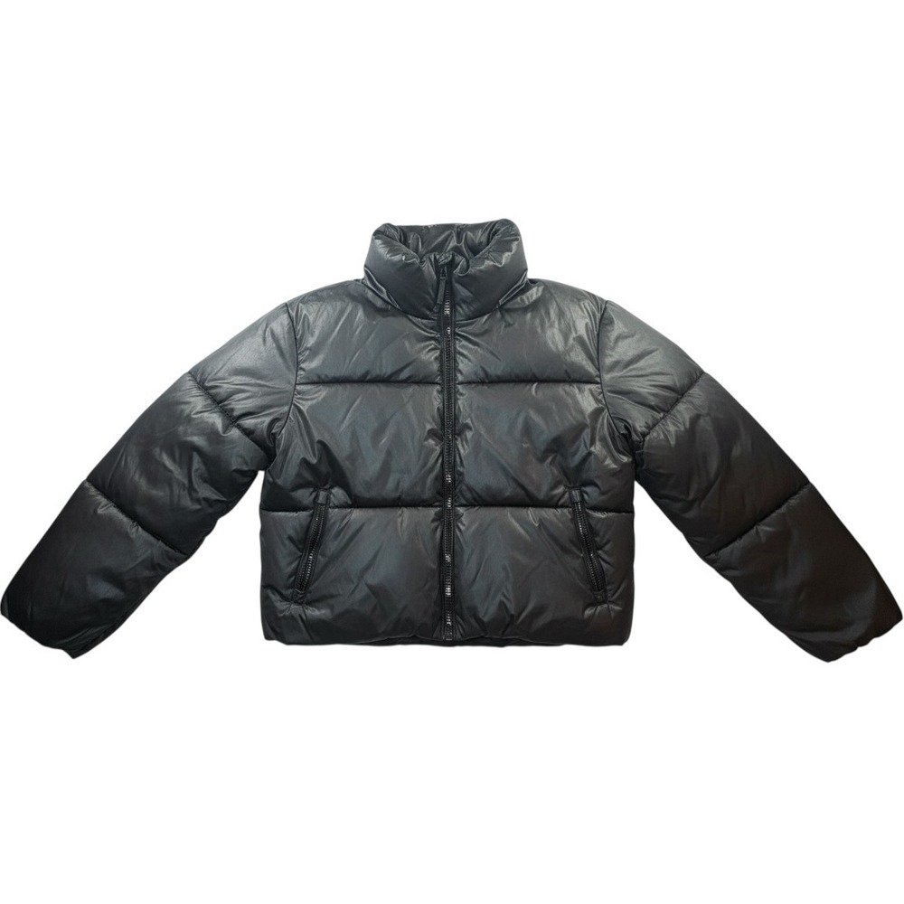 Old Navy Puffer Jacket Kids XS Black Excellent Quilted Full Zip Go-Recycled